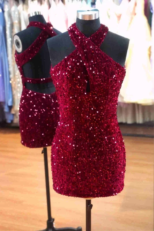 Halter Cross Straps Burgundy Sequin Mini Dress