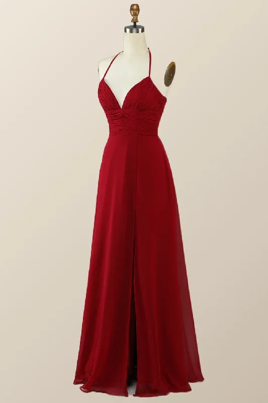 halter-red-pleared-long-bridesmaid-dress-with-slit