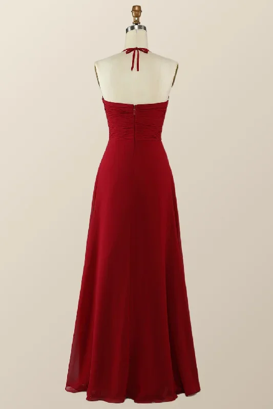 halter-red-pleared-long-bridesmaid-dress-with-slit