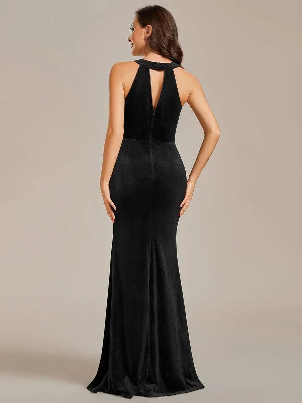 halter-sleeveless-bodycon-shiny-belt-high-slit-velvet-evening-dress-ee01958