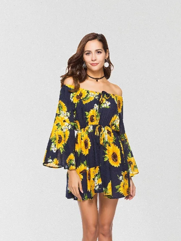 JuliaFashion-Heatin' Up Daisy Print Off The Shoulder Mini Dress