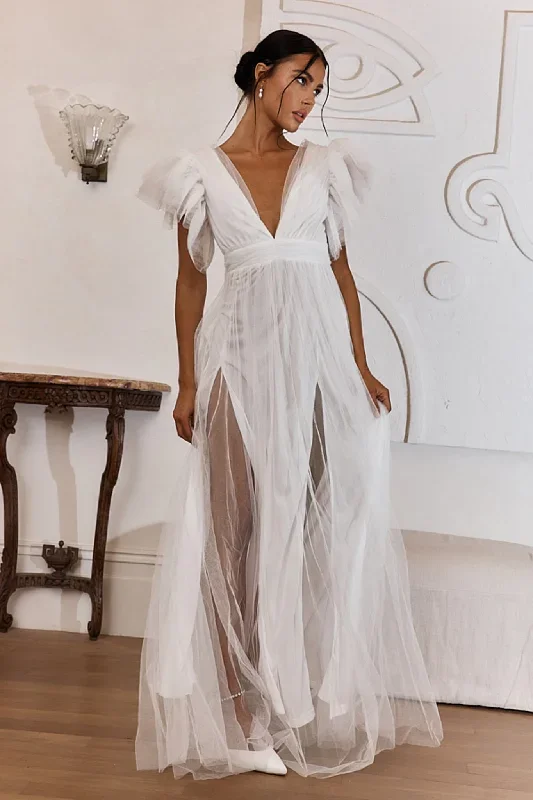 Heaven's Love Deep V-Neck Tulle Maxi Dress White