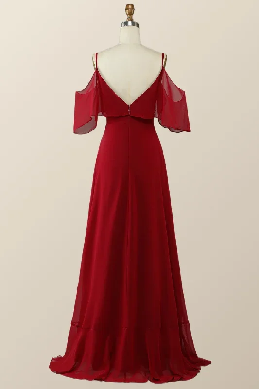 hi-low-cold-sleeves-red-ruffle-long-bridesmaid-dress