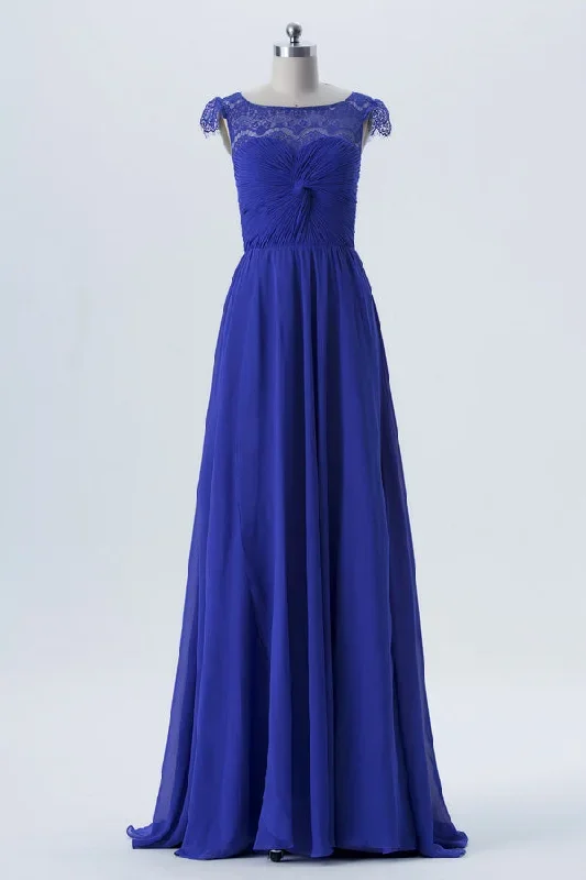 Illusion Crew Neck Royal Blue Bridesmaid Dress with Cap Sleeves