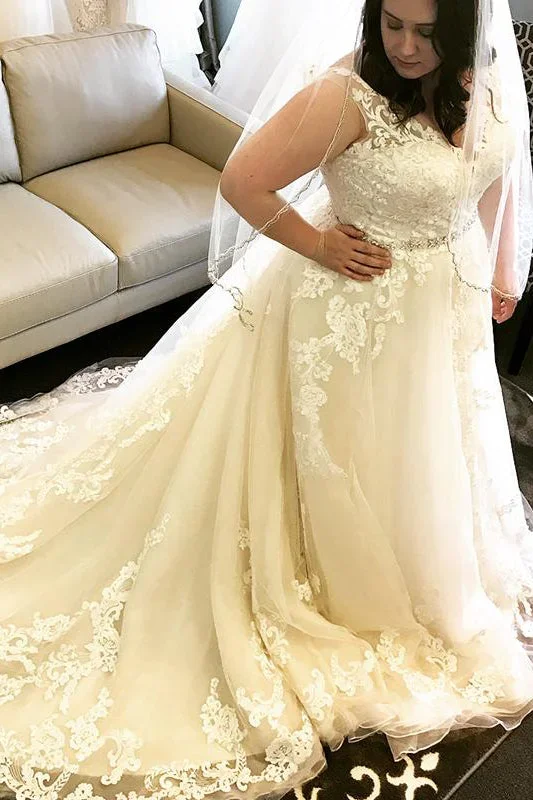 Plus Size Long V-Neck A-line Champagne Wedding Dress with Lace