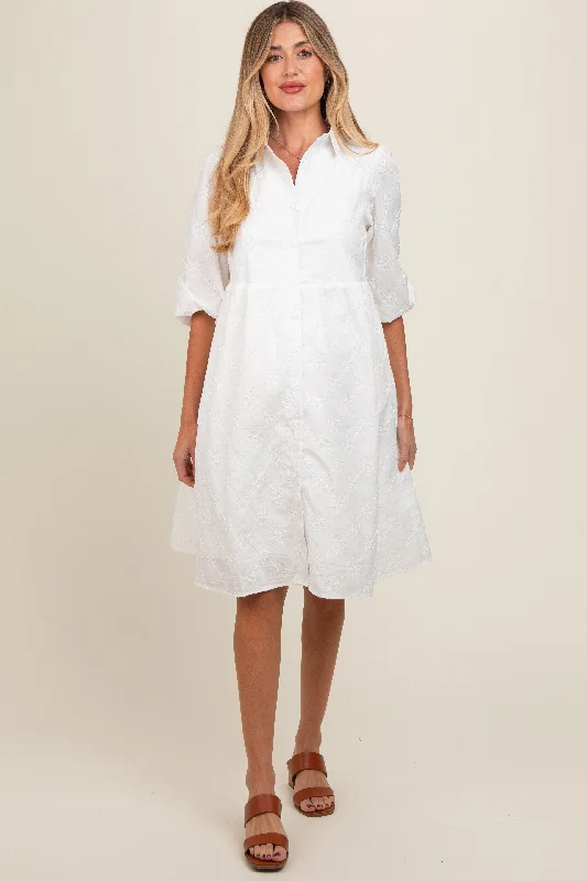 Ivory Floral Embroidered Collared Button Down Maternity Dress