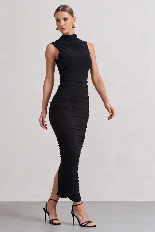 Jaded | Black Bodycon Ruched High-Neck Open-Back Maxi Dress