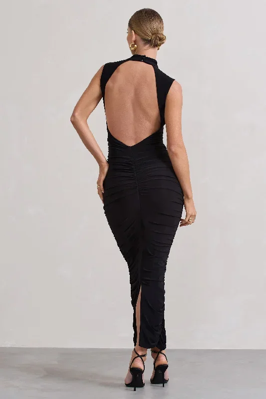 jaded-black-bodycon-ruched-high-neck-open-back-maxi-dress-cl133174002