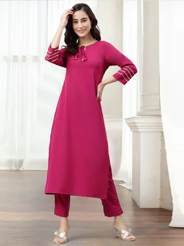 Magenta Poly Crepe Solid Kurta with Pant