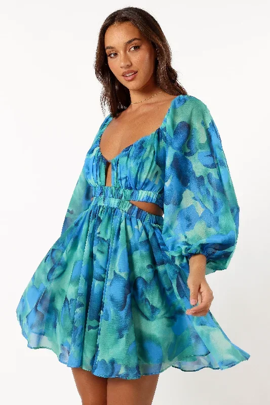 Katniss Long Sleeve Mini Dress - Blue Floral