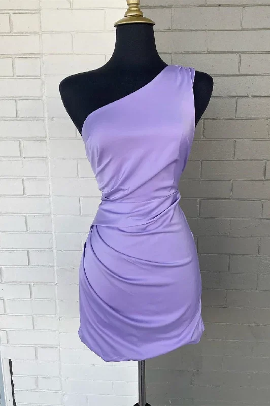 Lavender One-Shoulder Ruched Short Homecoming Dress