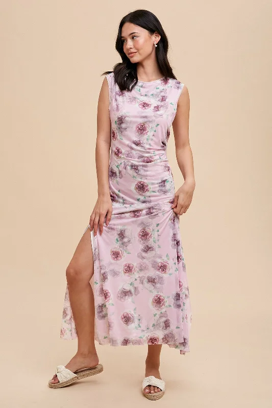 lavender-rose-print-ruched-mesh-maternity-dress