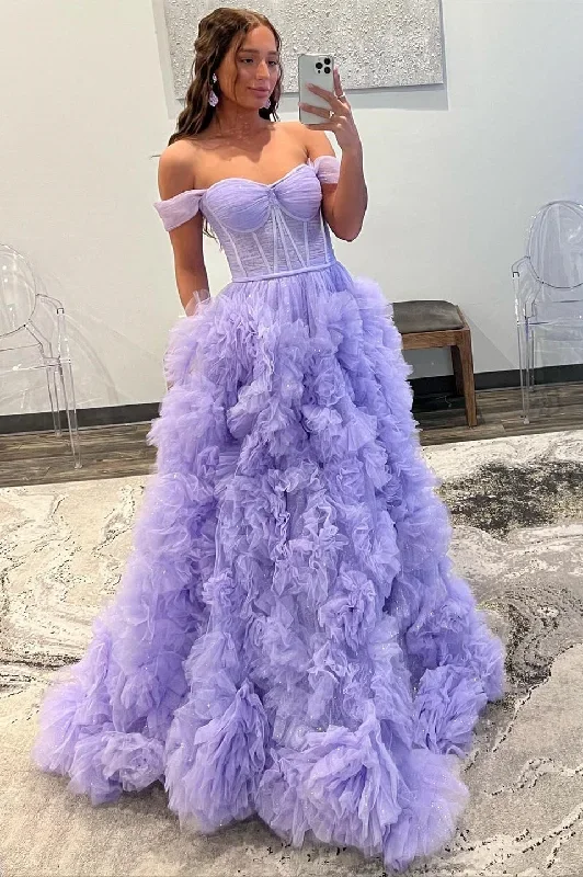 Lavender Tulle Off-the-Shoulder Long Prom Dress with Ruffles