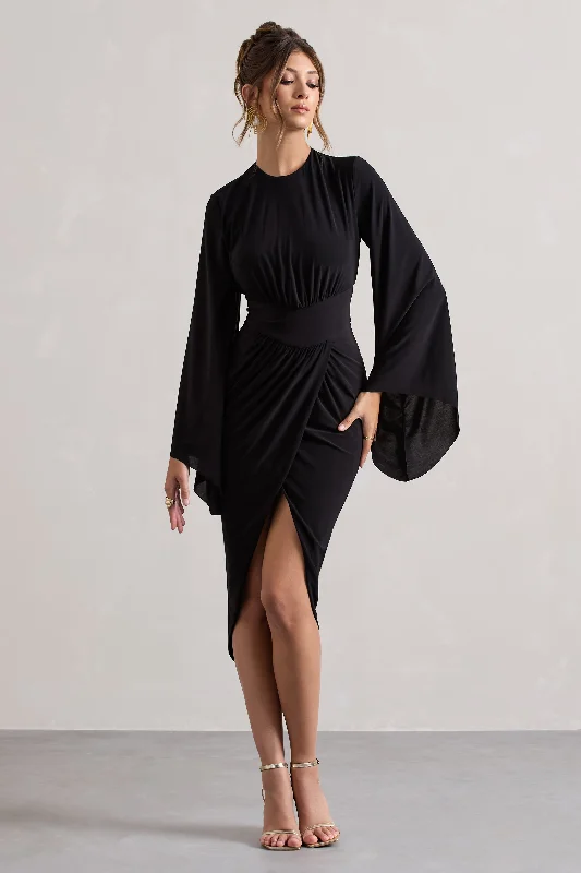 Lennox | Black Drape-Sleeve Gathered Midi Dress