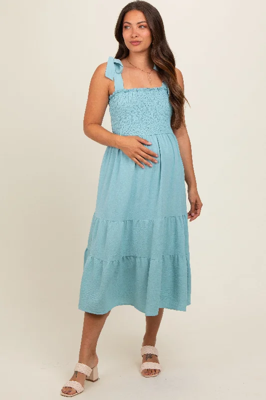 Light Blue Smocked Tie Strap Tiered Maternity Midi Dress