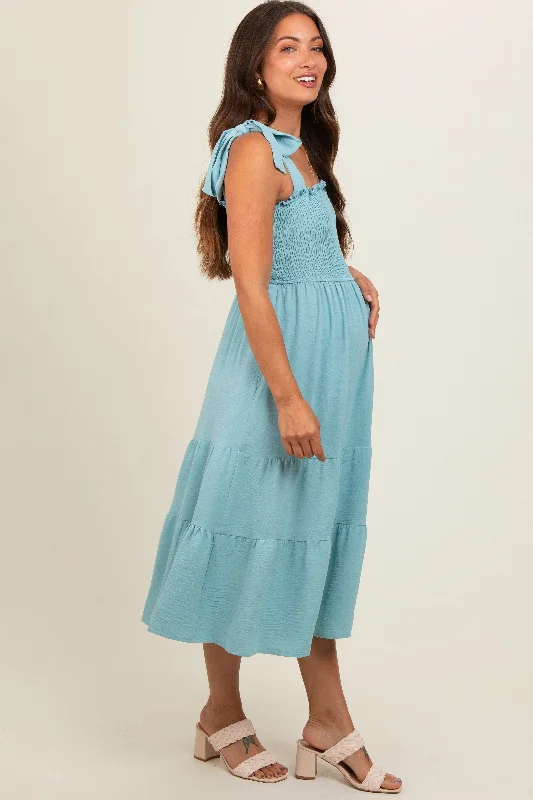 light-blue-smocked-tie-strap-tiered-maternity-midi-dress