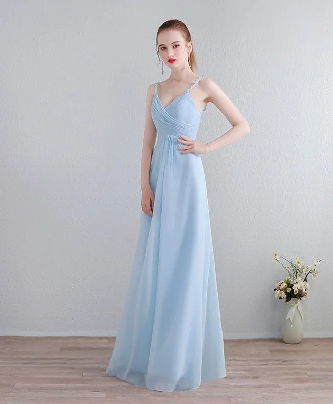 Light Blue V Neck Long Prom Dress, Lace Evening Dress