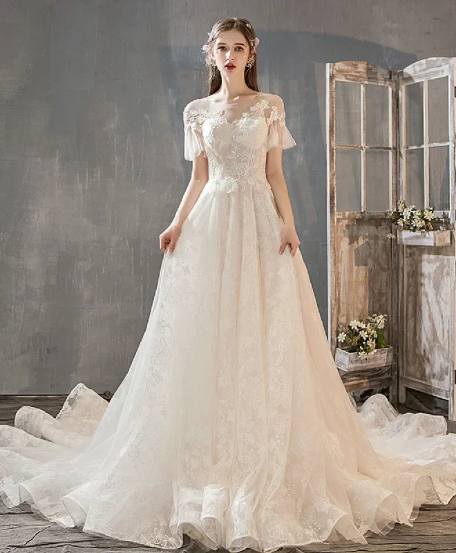 Light Champagne Tulle Lace Long Wedding Dress, Lace Bridal Dress