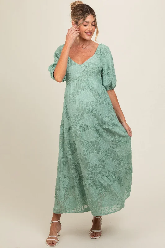 Light Olive Embroidered Leaf Print Striped Maternity Maxi Dress