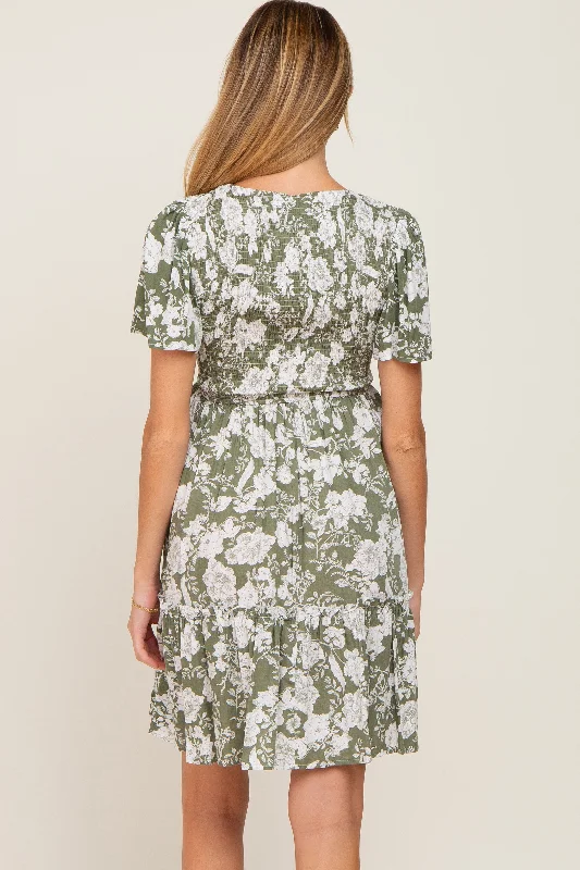 light-olive-floral-smocked-ruffle-accent-maternity-dress