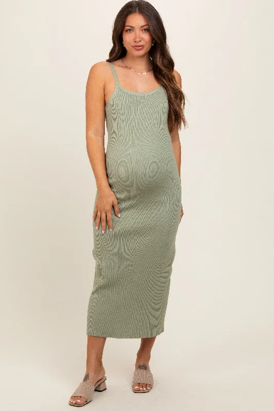 Light Olive Knit Open Tie Back Maternity Midi Dress