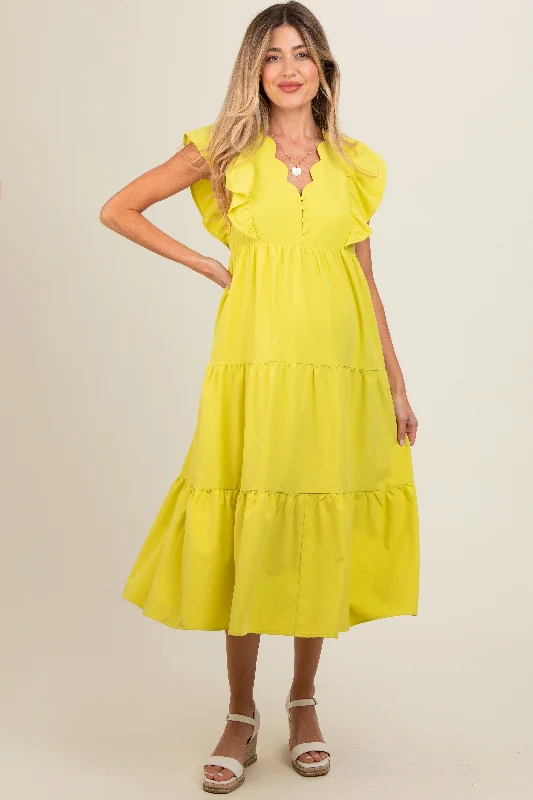 Lime Flutter Sleeve Tiered Maternity Midi Dress