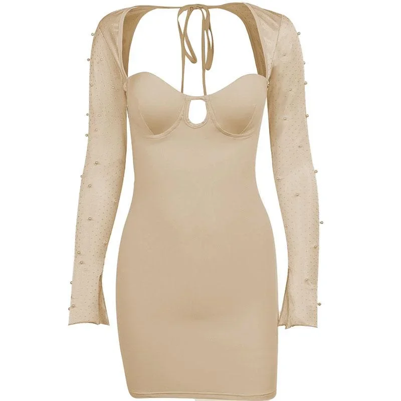 long-sleeve-solid-hollow-out-slit-ruched-beaded-self-tie-backless-mini-dress