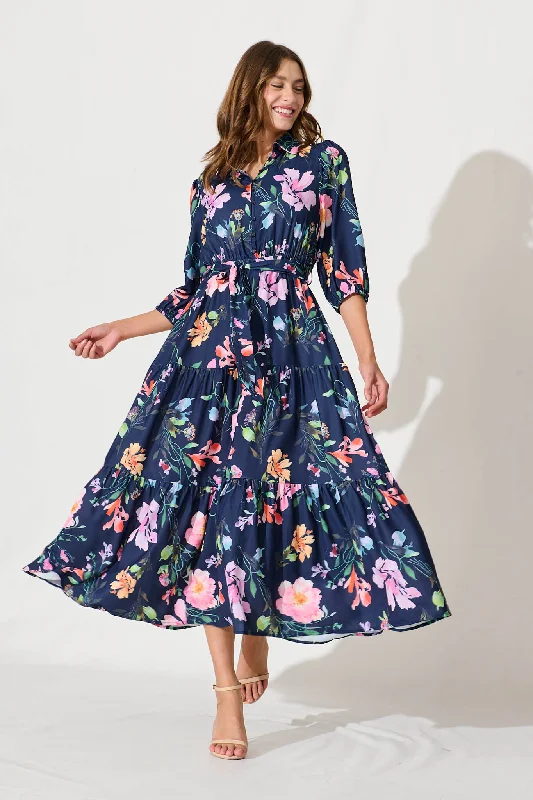 Love Song Maxi Dress In Navy With Multi Floral Print