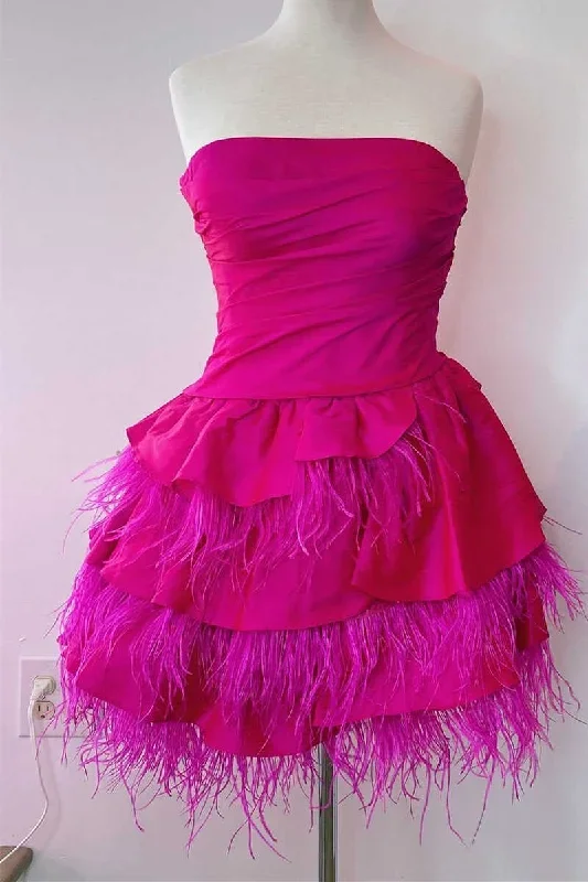 magenta-strapless-multi-tiered-mini-homecoming-dress