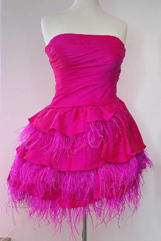 magenta-strapless-multi-tiered-mini-homecoming-dress