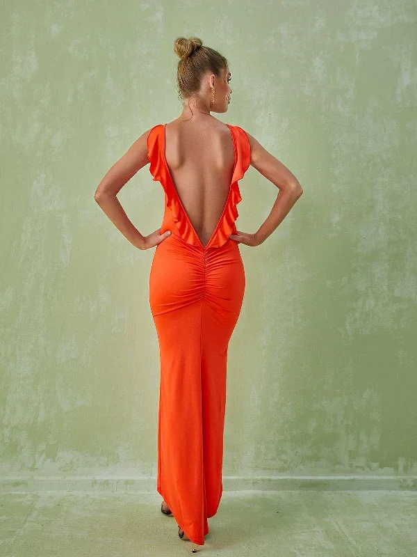 Marzia Backless Maxi Dress In Orange