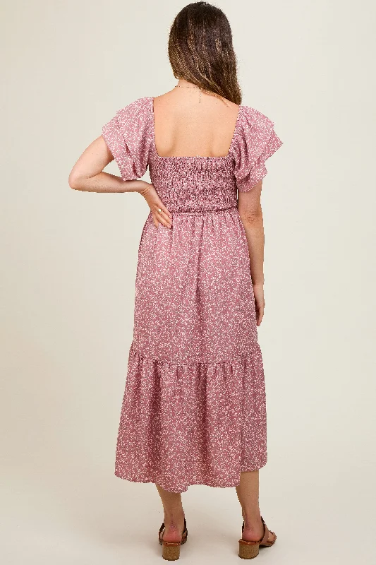 mauve-floral-flutter-sleeve-tiered-maternity-dress