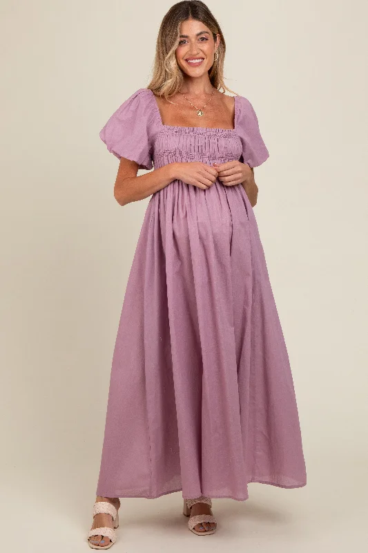 Mauve Puff Sleeve Smocked Maternity Maxi Dress