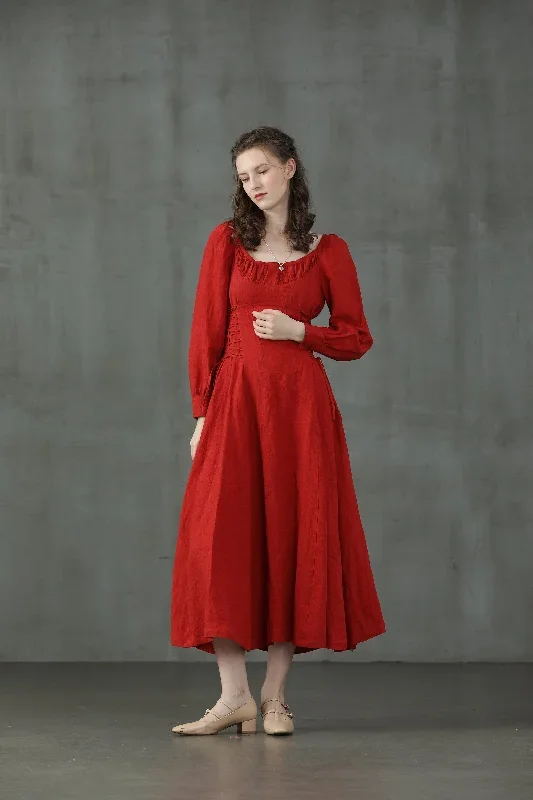 maxi-red-linen-dress-lacing-up-linen-dress-maxi-linen-dress-cocktail-dress-flared-evening-dress-linennaive