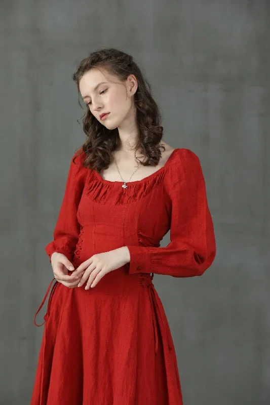 maxi-red-linen-dress-lacing-up-linen-dress-maxi-linen-dress-cocktail-dress-flared-evening-dress-linennaive