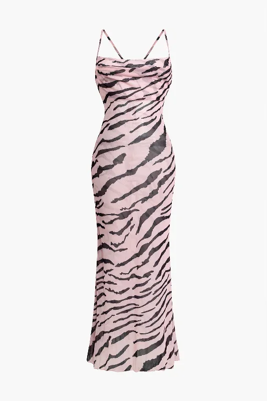 Zebra Print Backless Slip Maxi Dress