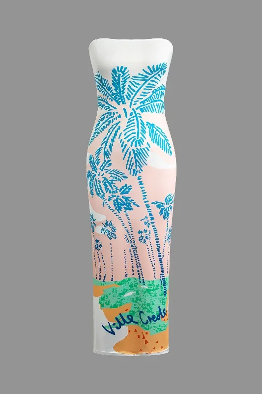 Tropical Print Strapless Maxi Dress