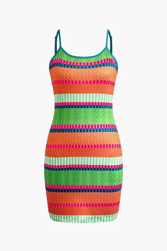 Multicolor Pattern Stripe Bodycon Slip Mini Dress