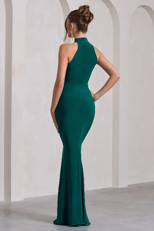 memorable-bottle-green-ruched-high-neck-split-fishtail-maxi-dress-cl130019047