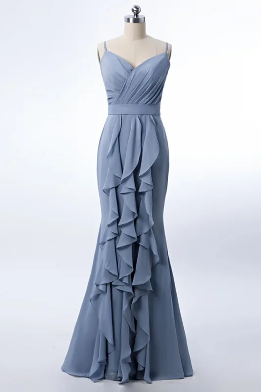 Mermaid Dusty Blue Chiffon Bridesmaid Dress with Ruffles