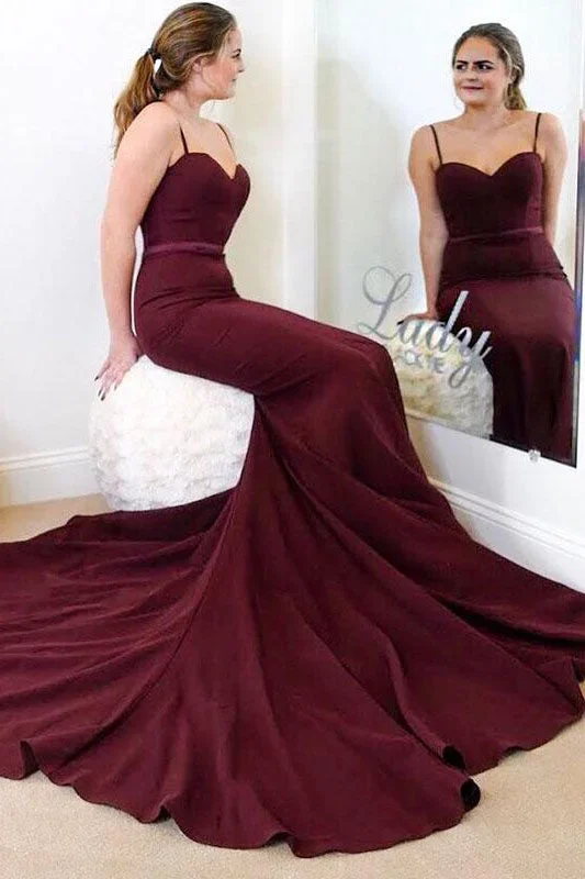 Mermaid Spaghetti Straps Burgundy Long Bridesmaid Dress