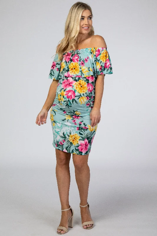 Mint Floral Off Shoulder Fitted Maternity Dress