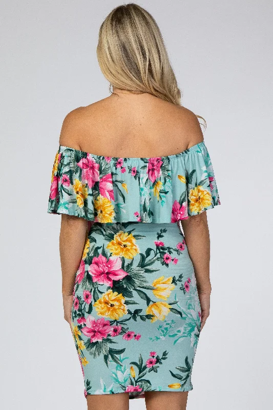 mint-floral-off-shoulder-fitted-maternity-dress