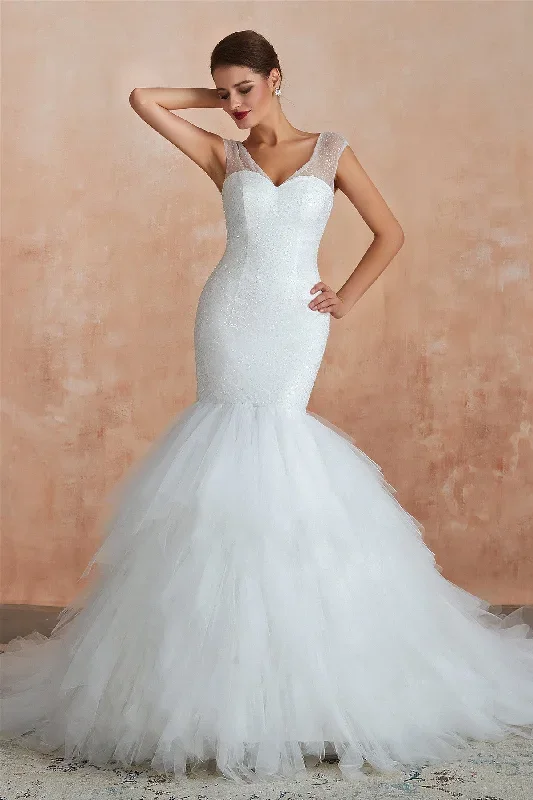 Long Lace-Up Back Mermaid White Wedding Dress with Layered Train