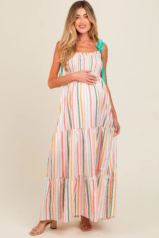 multicolor-striped-shoulder-tie-smocked-maternity-maxi-dress