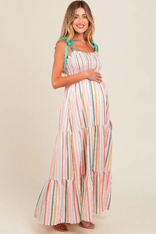 multicolor-striped-shoulder-tie-smocked-maternity-maxi-dress