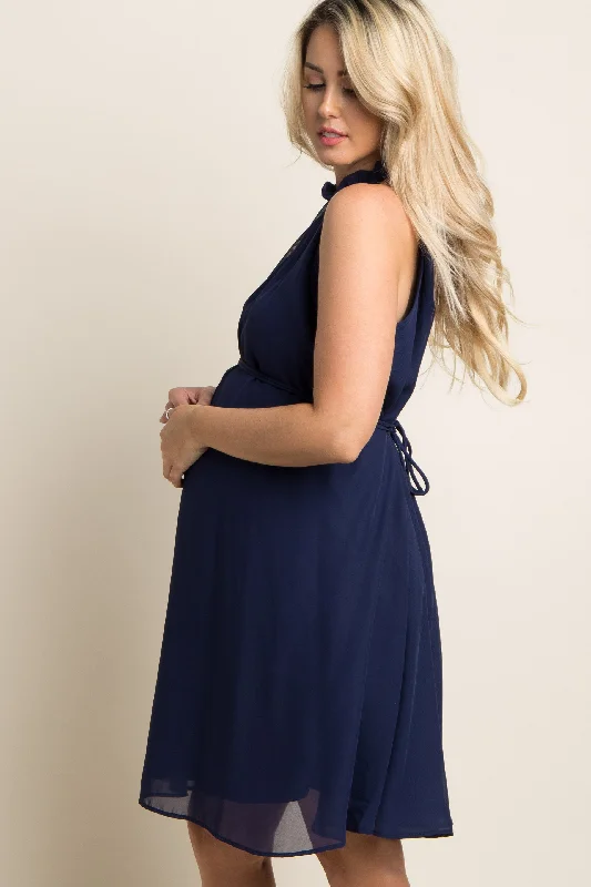 navy-blue-chiffon-high-neck-maternity-dress