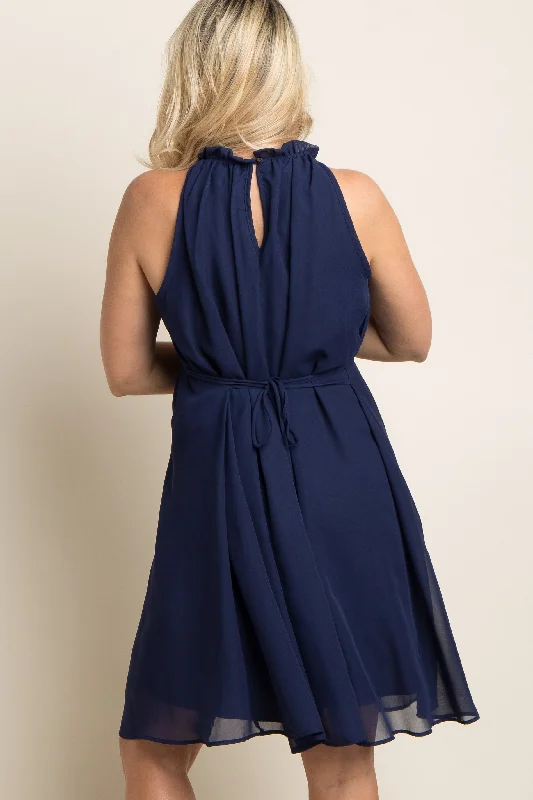 navy-blue-chiffon-high-neck-maternity-dress