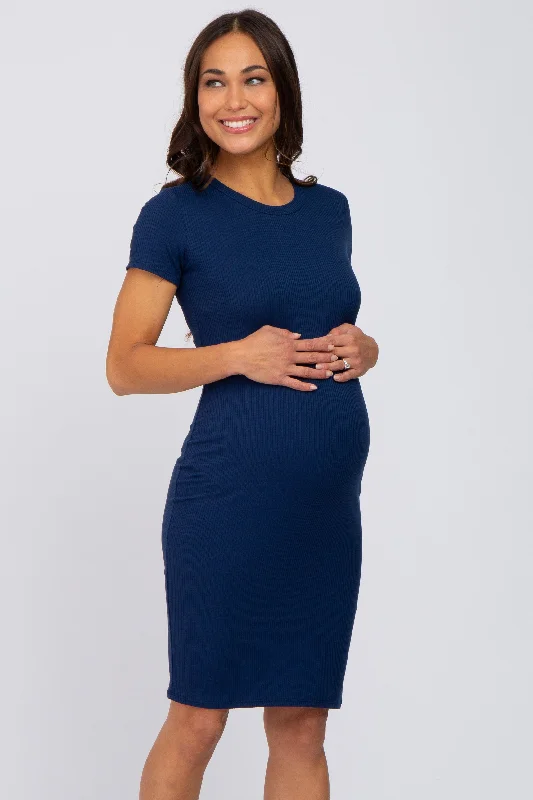 navy-blue-ribbed-fitted-maternity-dress