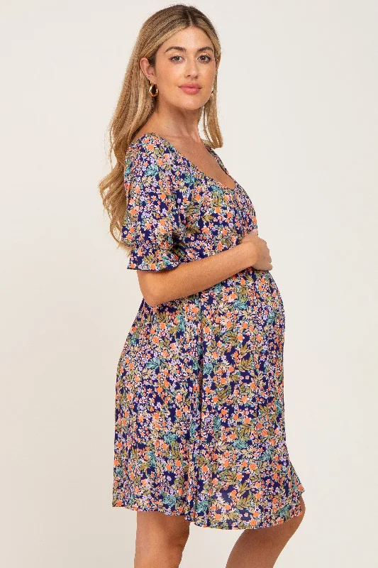 navy-floral-cinched-short-sleeve-maternity-dress